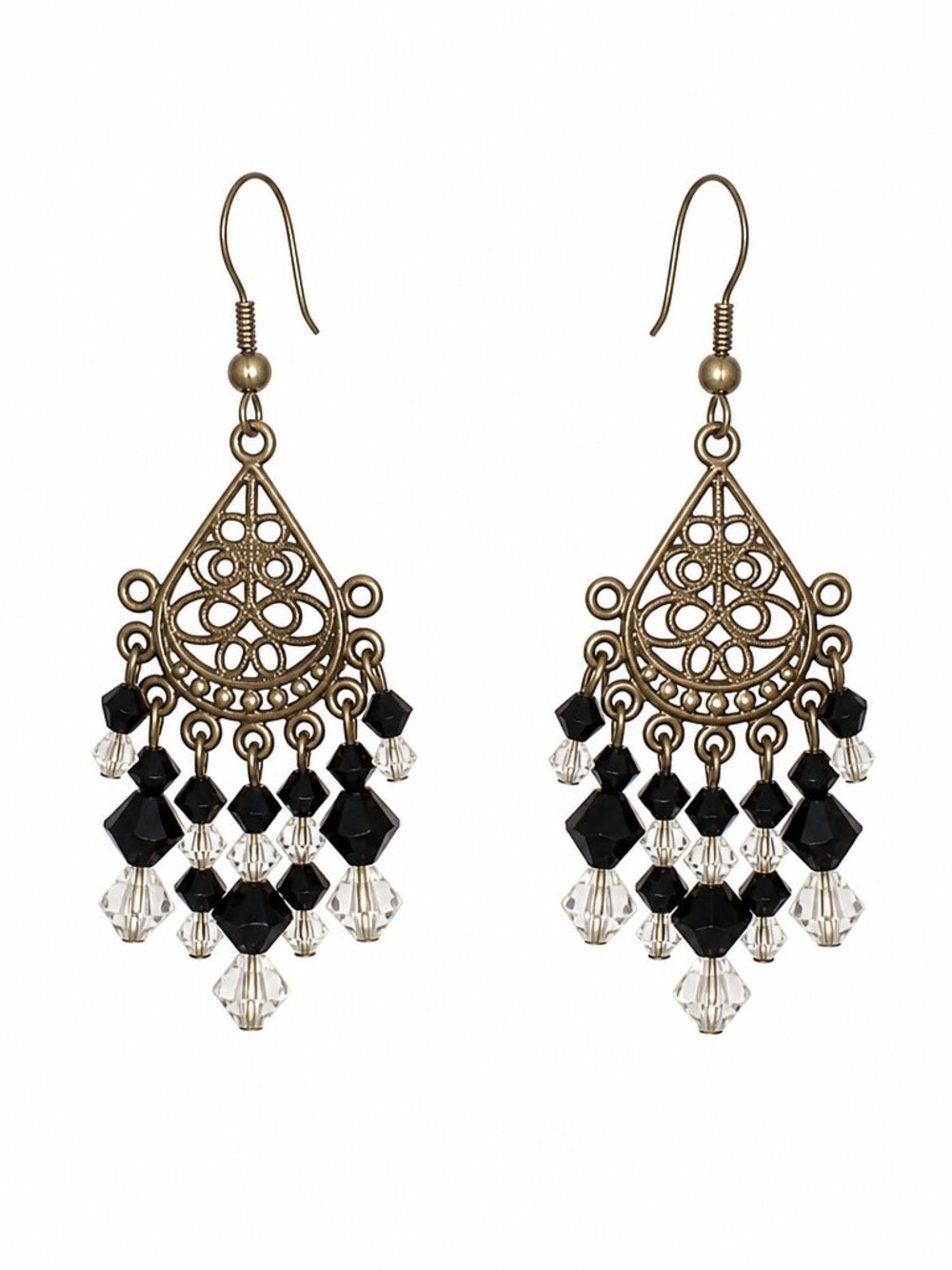 Silver‑Tone Chandelier Earrings w/ Crystal & Black Beads – Preloved